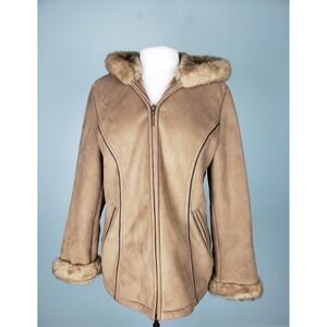 VTG Liz Claiborne Women's L Jacket Faux Suede Fur Cuffs Hooded Tan Zip Up Y2K